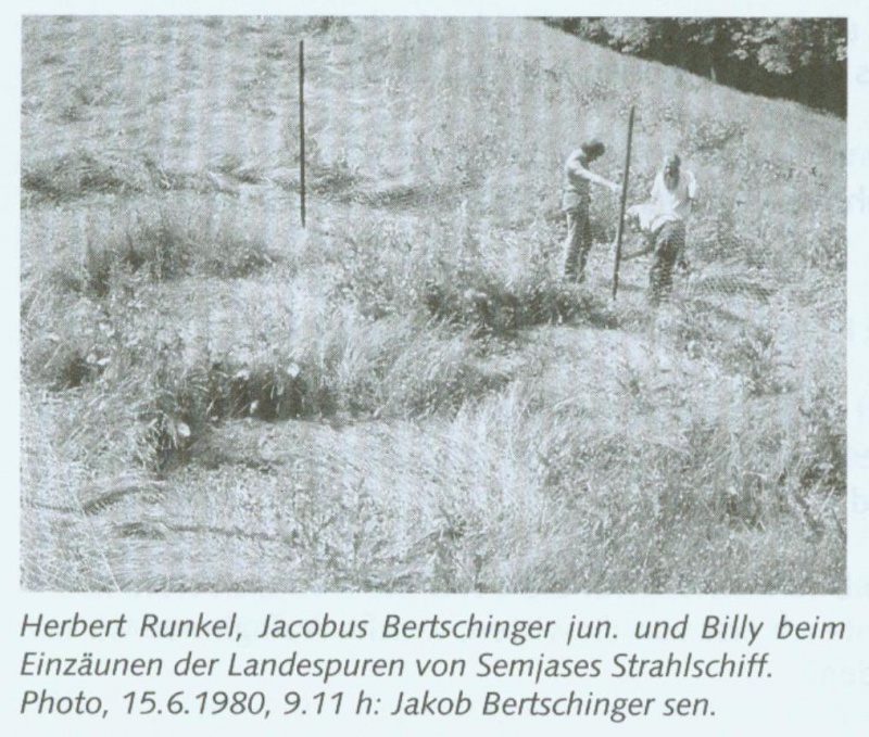 Herbert Runkel, Jacobus Bertschinger Jr. and Billy at the fence around the landing tracks from Semjase's Beamship. Photo, 6/15/1980, 9:11am: Jakob Bertschinger Sr.