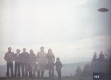 Photo Inventarium 2014 - cat no. #101. 20th April, 1975 at 10:00. Photographed behind Jakobsberg-Allenberg in the vicinity of Bäretswil, Switzerland. Hans Jacob and his two daughters Claudia Jacob and Cornelia Jacob, Mr. Liniger, Mr. Leuenberger, Jakobus Bertschinger and two of Billys children – Atlantis and Gilgamesha.